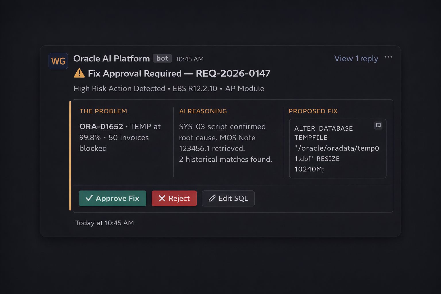 Decision Tower Slack notification showing ORA-01652 fix approval request with Approve Fix, Reject, and Edit SQL buttons