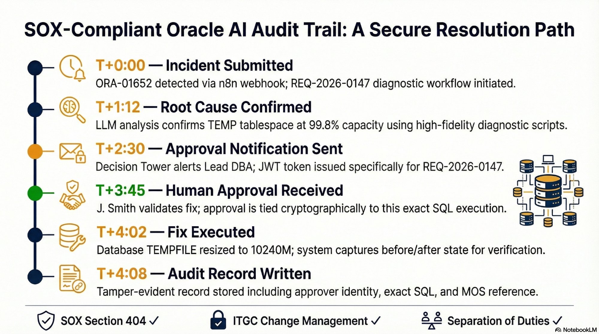 SOX-Compliant Oracle AI Audit Trail timeline showing 6 events from T+0:00 Incident Submitted through T+4:08 Audit Record Written, with SOX Section 404, ITGC Change Management, and Separation of Duties compliance badges
